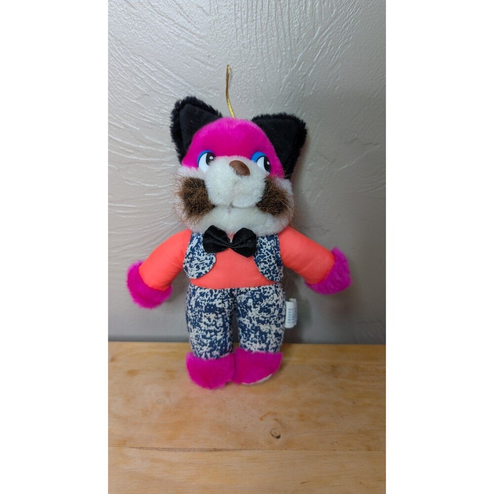 VTG International Toys & Novelties Neon Pink Cat Bowtie Hanging 8" Plush Animal